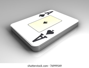Deck of poker, black jack, playing cards or gambling on white background with ace of spades on top of deck.