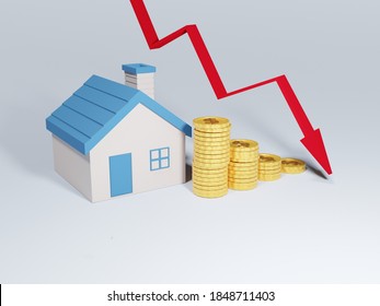 A Decline In Property Prices. Lower Mortgage Interest Rates. House Prices Go Down.  Real Estate Market Economy With Decreasing Graph. 3D Of Home With Coin Stack And Red Arrow Down.