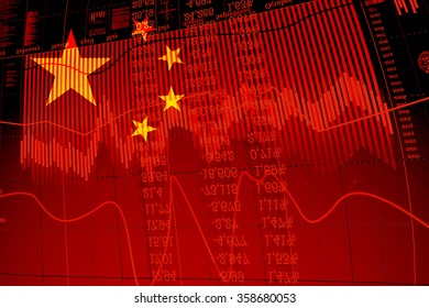 Decline In Stock Exchange On The Graph Of The Chinese Economy. Flag Of China In The Double Exposure With The Graph The Stock Exchange.