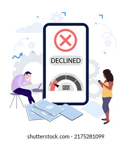 Declined Request Of Loan In Mobile Banking Application. Low Credit Rating To Get Cash. Disappointed Client Get Notification From Bank About Rejected Apply. Illustration