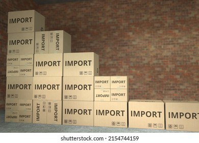 Declining bar chart made with boxes with import text. Conceptual 3D rendering
