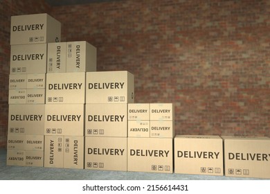Declining bar chart made with boxes with delivery. Conceptual 3D rendering