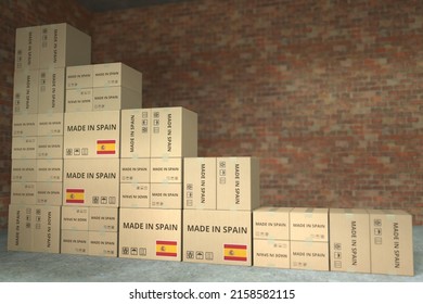 Declining bar chart made with boxes with made in Spain text. Conceptual 3D rendering