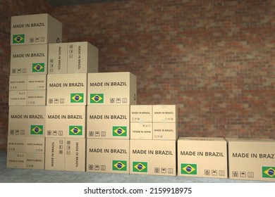 Declining bar chart made with boxes with made in Brazil text. Conceptual 3D rendering