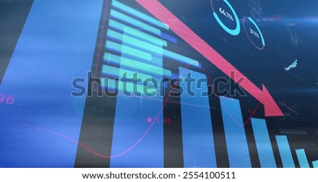 Declining bar chart and red arrow image over financial data. Finance, business, economics, downturn, recession, loss