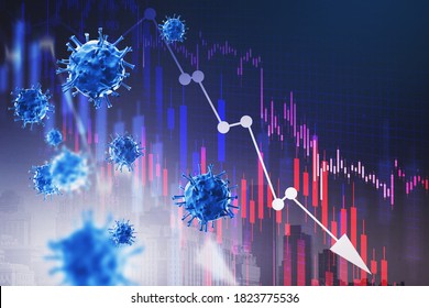 Declining Graphs And Covid 29 Over Blue Background. Concept Of Coronavirus Pandemic Declining. 3d Rendering Toned Image Double Exposure