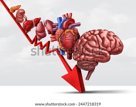Declining Human Health and aging process of organs as decreasing functioning of the heart lungs kidney pancreas and brain as a healthcare or health-care symbol 3D illustration elements.