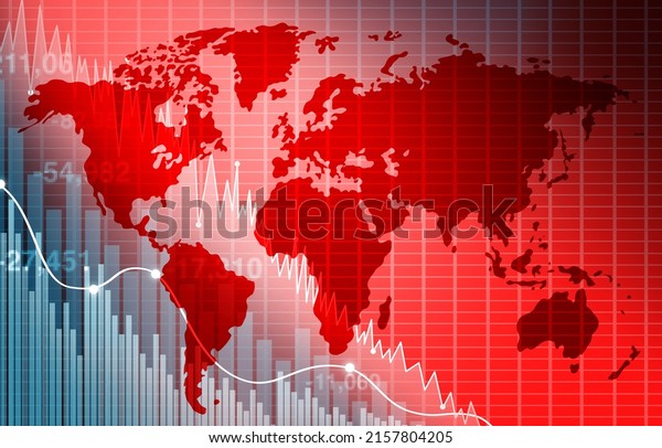 Declining World economy and business decline or
economic fall and world business crisis with an international
economy falling with a downward trend as a financial concept in a
3D illustration
style.