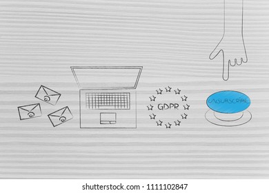 Declutter Your Inbox Conceptual Illustration: Emails Next To Laptop And GDRP Icon Next To Unsubscribe Button About To Be Pushed