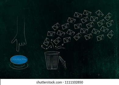 declutter your inbox conceptual illustration: hand about to push Unsubscribe button next to group of emails frlying into a garbage bin