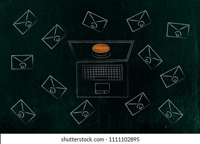 Declutter Your Inbox Conceptual Illustration: Laptop With Unsubscribe Button Surrounded By Email Envelopes