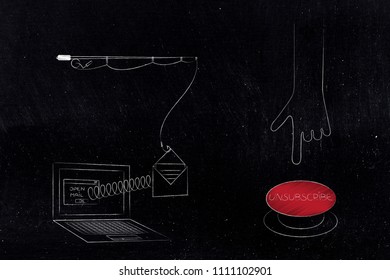 declutter your inbox conceptual illustration: laptop with email popping out of screen with spring and fishing rond next to hand about to push Unsubscribe button