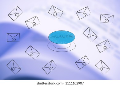 declutter your inbox conceptual illustration: Unsubscribe button surrounded by emails