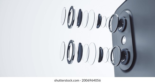 Decomposed smartphone camera lens on white background with mock up place for your advertisement. Technology, mobile photography and progress concept. 3D Rendering - Powered by Shutterstock