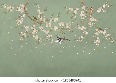 Decor Beautiful Wallpaper Birds And Flower Green Background