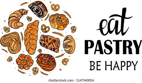 Decor for a shop or cafe with pastries, bread, baking. Bakery store, bread house, handwritten illustration with lettering. Signboard - Powered by Shutterstock