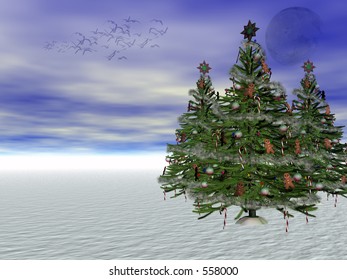 Decorated Christmas tree, copyspace provided for messages.