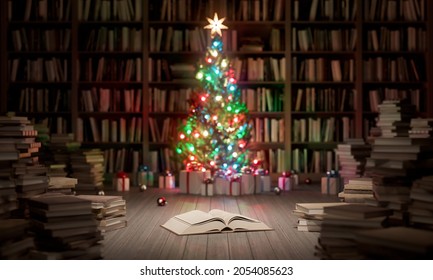 Decorated Christmas Tree In The Library With Old Books, Holidays In Bookstore Concept 3d Render 3d Illustration