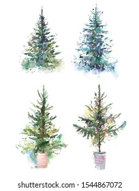 Decorated Christmas Tree New Year Watercolor Illustration Water Color Drawing