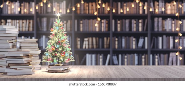 Decorated Christmas Tree On Bookshelf In The Library With Old Books, Holidays In Bookstore Concept 3d Render 3d Illustration