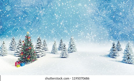 Decorated Christmas Tree Outdoors Falling Snow Background 3d Render 3d Illustration