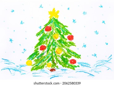 Decorated Christmas tree in snow  Hand drawing by oil pastels 