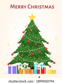 Decorated Christmas Tree With Star, Gift Boxes, Balls And Garland. New Year And Merry Christmas Card, Poster, Banner