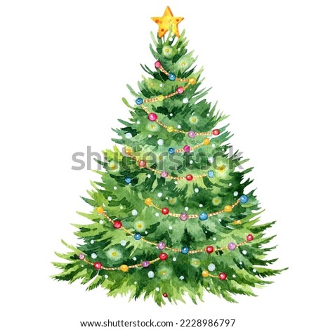 Decorated christmas tree watercolor illustration
