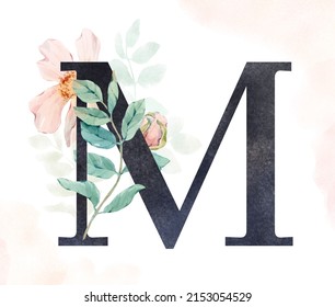 Decorated dark letter M with delicate green leaves and pink flowers. Painted by hand in watercolor. Isolated on white background. For wedding invitations, postcards, holiday design.