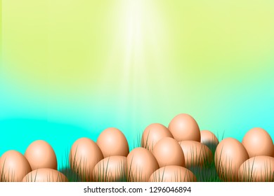 Decorated Easter eggs on green grass. Space for text