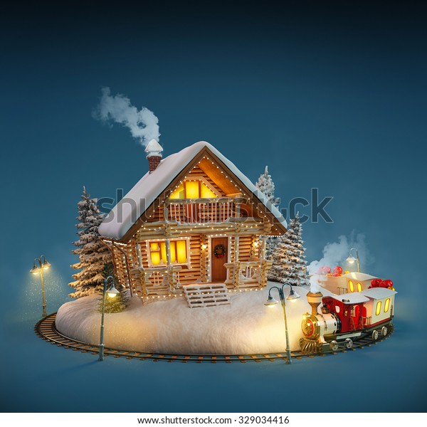 青の背景にクリスマスライトと魔法の列車を持つ 装飾されたログハウス 珍しいクリスマスイラスト のイラスト素材