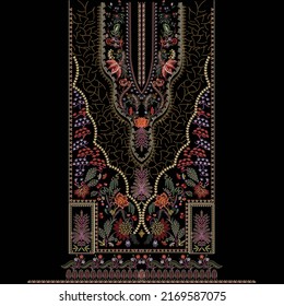 Decorative all over embroidery design neckline and border lace with colorful trendy flowers leaves and decorative ornaments