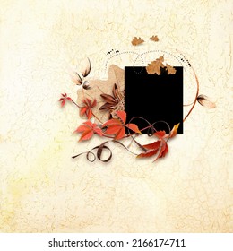 Decorative autumn frame or card in scrapbook style. Memories album. Warm fall mood. Memory photo album. Autumn frame for photo with yellow and red leaves - Powered by Shutterstock