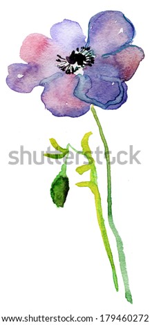Decorative blue flower, watercolor illustration