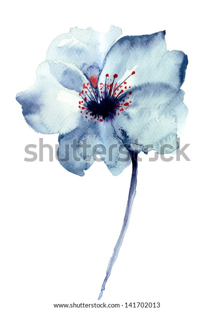装飾的な青い花 水彩イラスト のイラスト素材