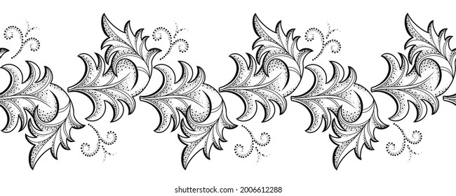 Decorative border, frame, lower continuum, seamless pattern. Black and white leaves with texture on a white background