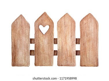 Decorative brown wooden fence with cute small love heart hole. Front view, arrow head. Hand drawn watercolour graphic painting on white, cutout clip art for design. Positive rural countryside element.