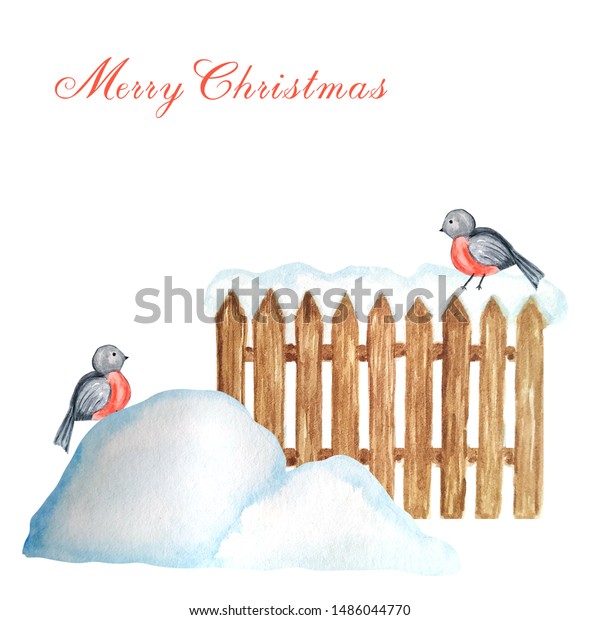 Decorative brown wooden\
fence in winter with snow and Bullfinch bird couple and snowdrifts.\
Front view, arrow head. Watercolor Greeting card concept with copy\
space for\
text.