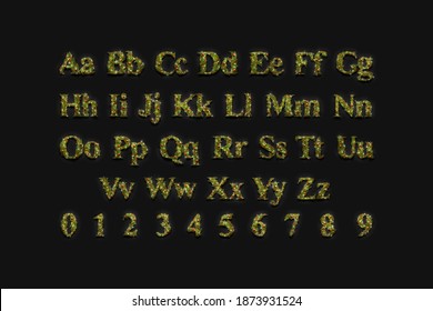 Decorative Capital, Lowercase, Numbers Symbol, Xmas Font Mockup Set Darkness, 3d Rendering. Glow Christmas Lettering With Numeric Element. Decoration Fount With Alphabet And Tally Template.