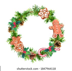 Decorative Christmas Wreath With Pine Tree Branches, Ginger Cookies, Gingerbread Man, Candy Cane And Mistletoe. Watercolor Round Border