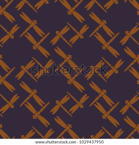 Decorative colored seamless pattern with cute dragonfly. Vintage background with many dragonflies silhouettes for your design.