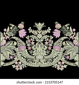 Decorative Colorful Embroidery Border Lace Design, Black Background, Digital And Textile Print On Fabric