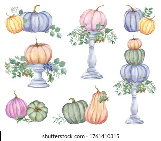 Decorative Compositions With Watercolor Pumpkins. Pastel Pumpkins Clipart. Autumn, Fall, Harvest Illustration. Helloween, Thanksgiving Colored Pumpkin Decor.