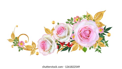 Decorative corner vignette. Golden curl, glittering leaves, flowers, pink roses. Isolated on white background.