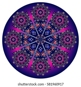 Decorative design of circle ceramic dish. Round template. Unique floral pattern.