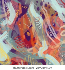 Decorative digital artpiece, elements of wind and water, animals and chaos