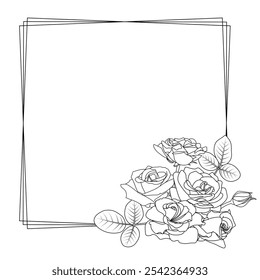 Decorative floral square frame. Roses, leaves, buttons. Elegant geometry composition. Square decorated corners shape. Isolated black contour. Valentine design, wedding, cards, invitations, menus - Powered by Shutterstock