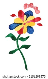 Decorative Flower In The Style Of Ukrainian Applied Art Of The Early 20th Century. Avant-garde Painting With Mixed Colors. Isolated Picture On A White Background.