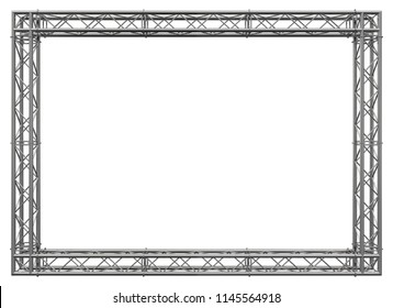 Decorative frame. 3D rendering. Glossy metal spatial construction in the form of a rectangle, assembled from tubular trusses with flanges, connected with bolts and nuts. Isolated on white.