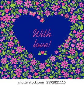 Decorative frame in heart shape with floral abstract pattern with cherry or apple tree branches and flowers for greeting card for mother’s day, birthday, flower-shop signboard, labels, beauty salon - Powered by Shutterstock